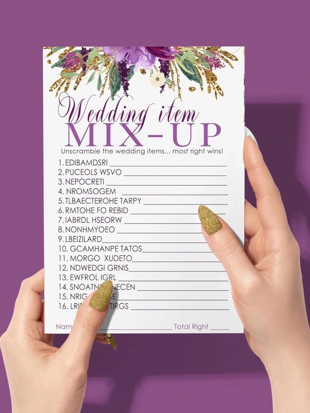Purple Floral Bridal Shower Game 💜🌸 Wedding Word Scramble (25 Cards)